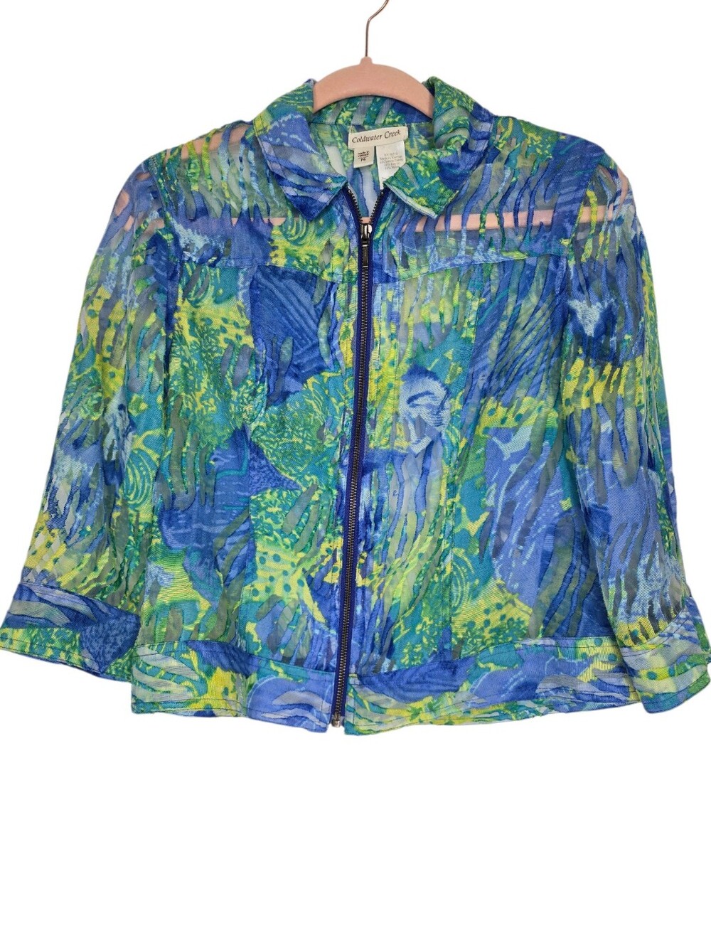 Coldwater Creek vine burnout full-zip jacket featuring sheer blue green pattern